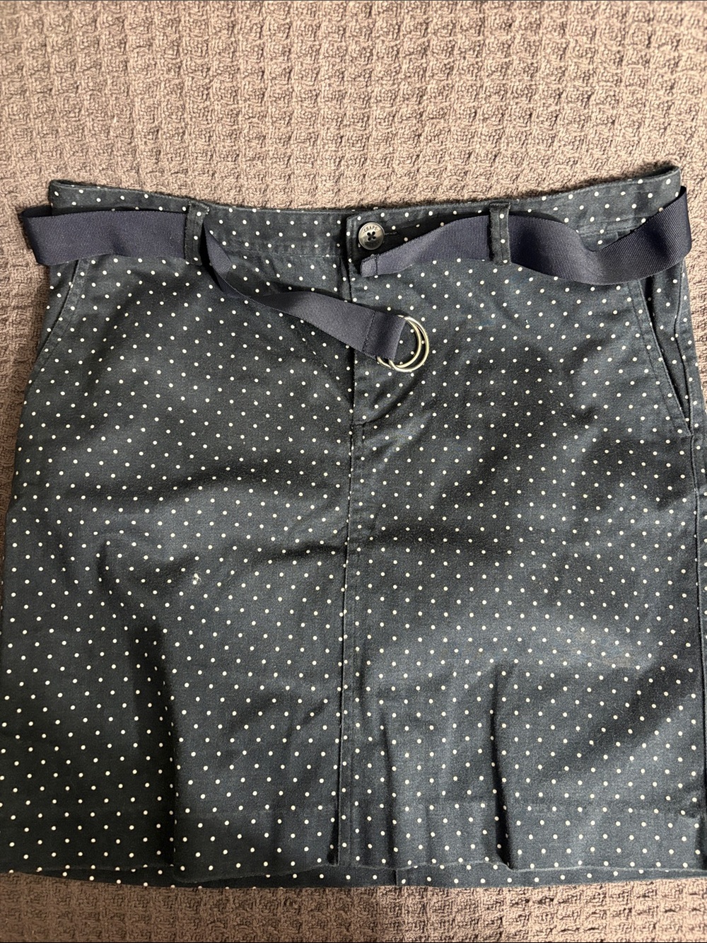 Chaps Navy Mini Skirt with White Polka Dots and D-Ring Belt